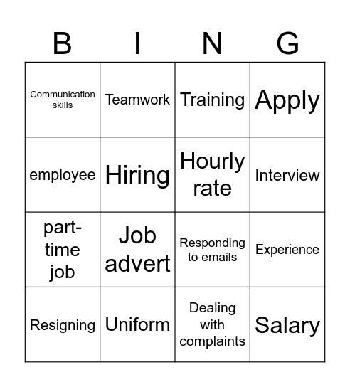 Job Vocabulary Bingo Card