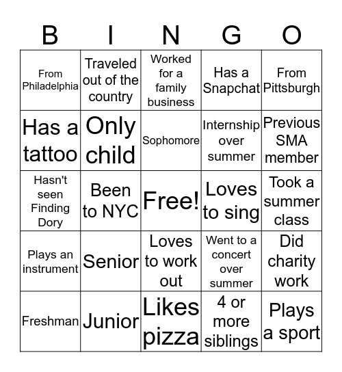 SMA Bingo Card
