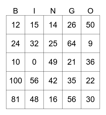 Multiplication Facts Bingo Card