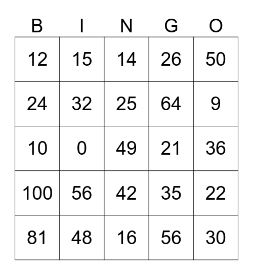 Multiplication Facts Bingo Card