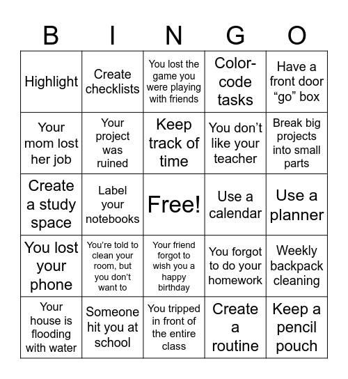 Size of the Problem/organized Student Bingo Card