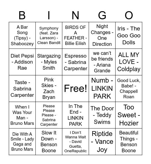 Top Songs of 2024 Bingo Card