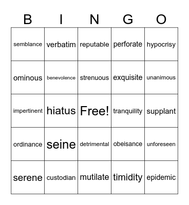 Vocabulary Bingo Card