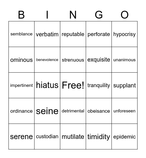 Vocabulary Bingo Card
