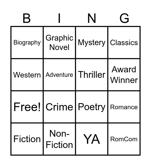 Book Genre Bingo Card
