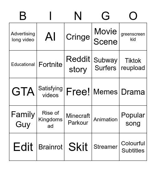 Youtube shorts bingo Card