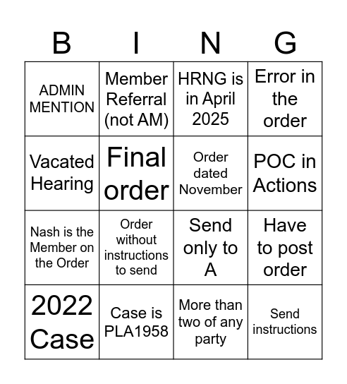 Order Bingo Card