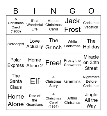 Christmas Movies Bingo Card