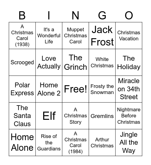 Christmas Movies Bingo Card