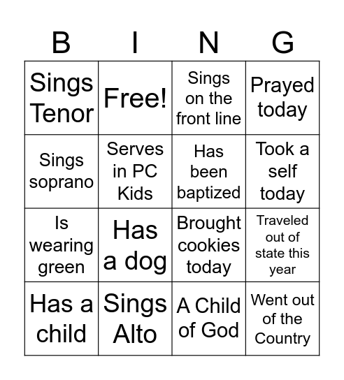 PC Choir Bingo Card