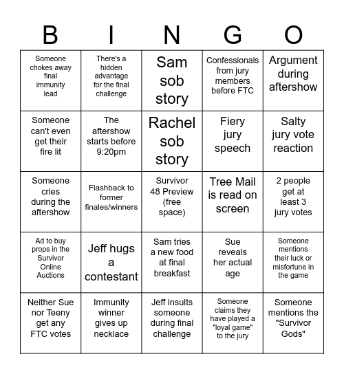 Survivor 47 Finale Bingo Card