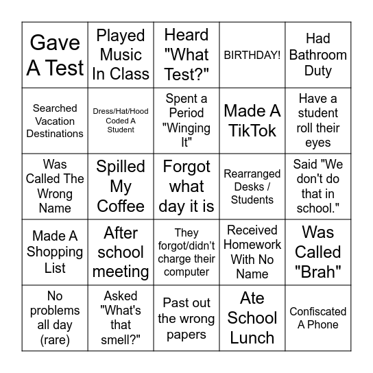 TEACHER Bingo Card