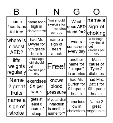 11th grade  Bingo Card