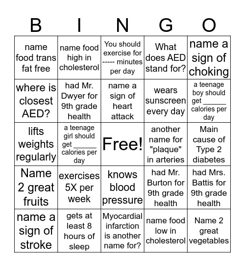 11th grade  Bingo Card