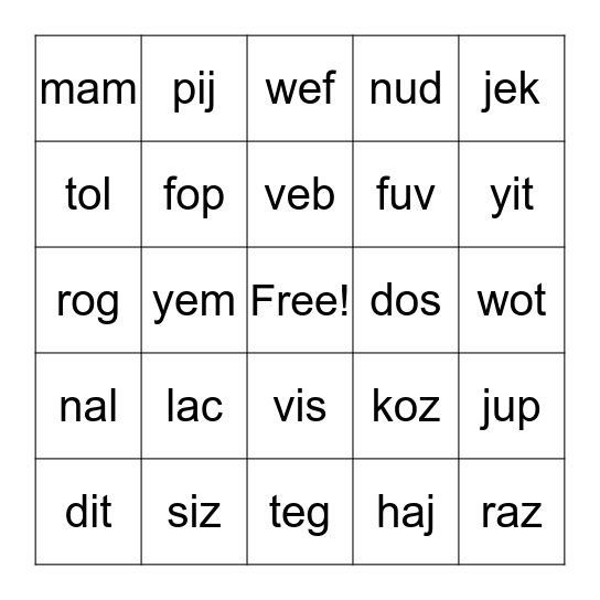 Nonsense Word Bingo Card