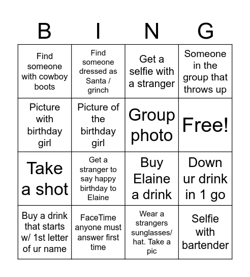 Elaine’s birthday Bingo Card