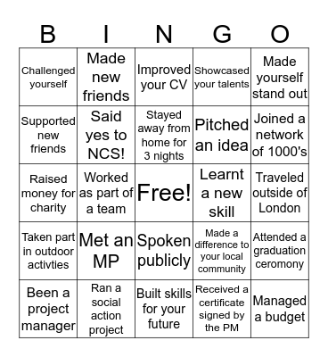 Experience Bingo Card