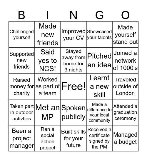 Experience Bingo Card