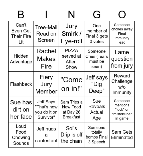 Survivor 47 Finale Bingo Card