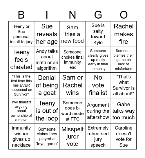 Survivor 47 Finale Bingo Card