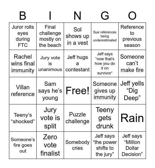 Survivor 47 Finale Bingo Card