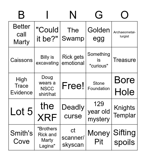 Oak Island Bingo Card