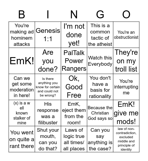 Darwin's Deity Bingo Card