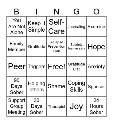 Addiction Bingo Card