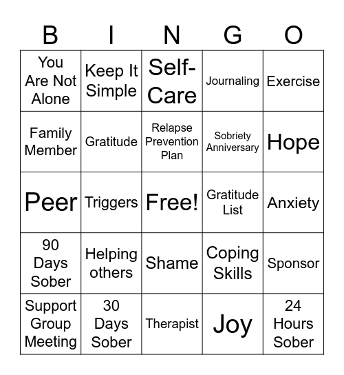 Addiction Bingo Card