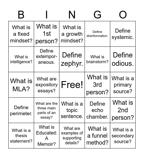 ENGLISH 85 Bingo Card