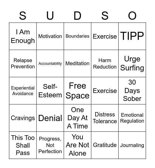 Addiction Bingo Card