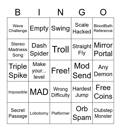 Recent Tab Bingo GD Bingo Card