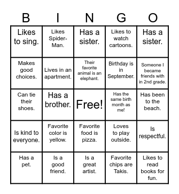 Friendship BINGO Card