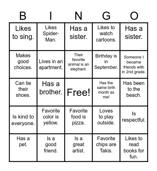Friendship BINGO Card