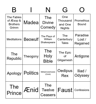 Ancient Classics Bingo Card