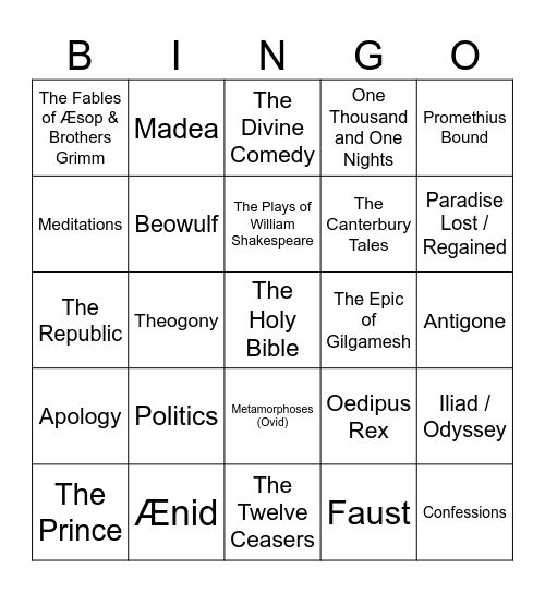Ancient Classics Bingo Card