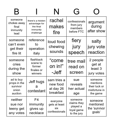 Survivor 47 Finale Bingo Card
