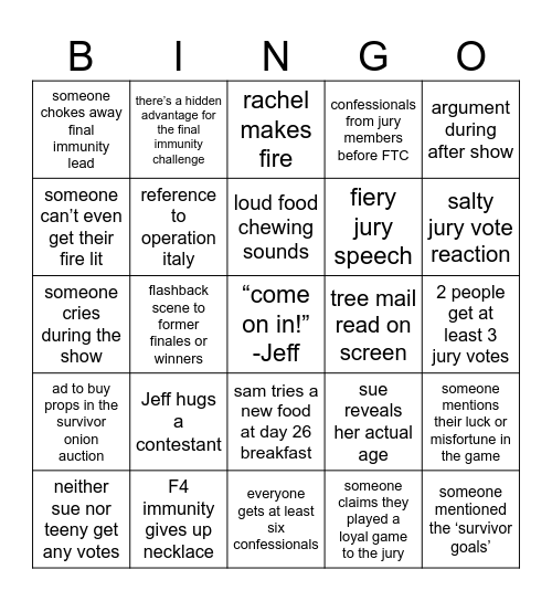 Survivor 47 Finale Bingo Card