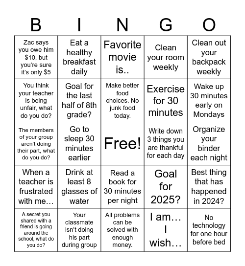 Goal setting/conflict resolution Bingo Card