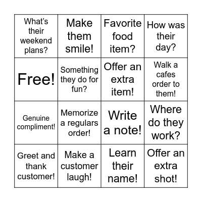 Get to know the customers Bingo Card