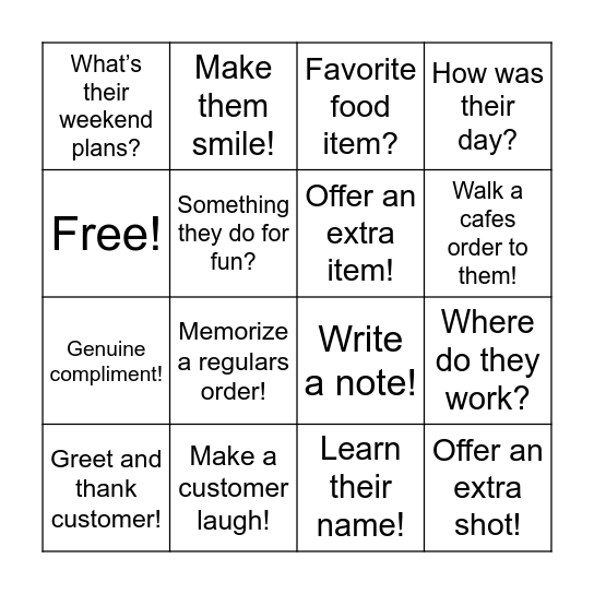 Get to know the customers Bingo Card