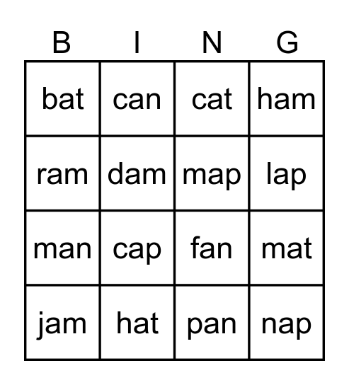 Word Family Bingo Card