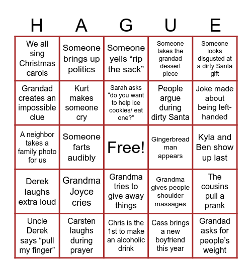Hague Christmas Bingo Card