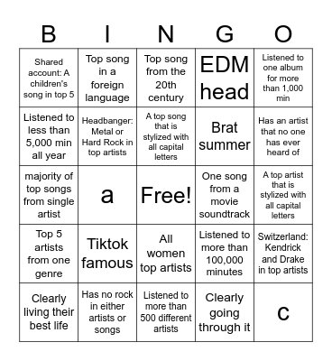 Music Bingo Card