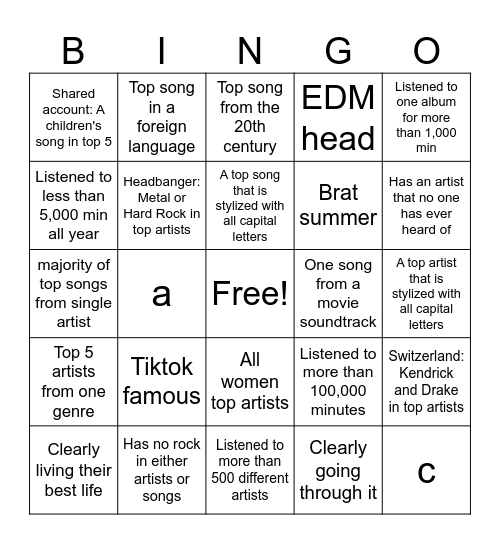 Music Bingo Card