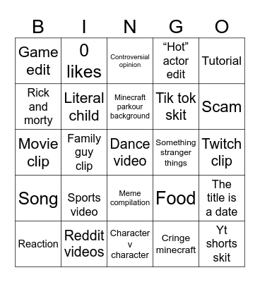 YouTube shorts Bingo Card