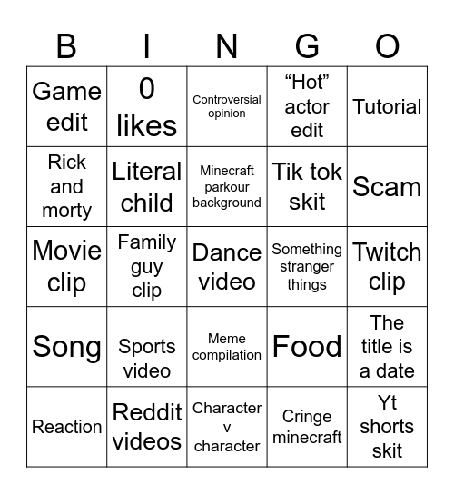 YouTube shorts Bingo Card