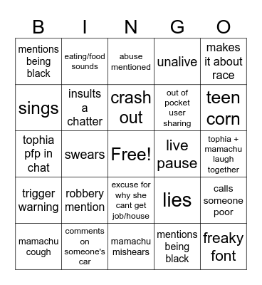 Tophiachu Live Bingo Card