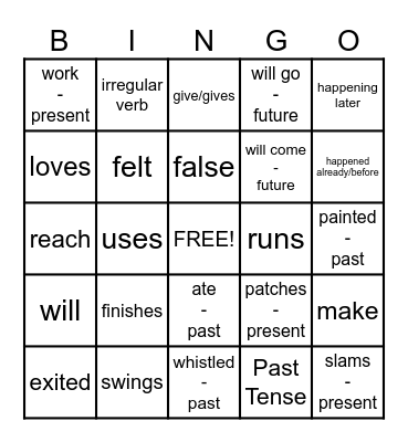Verb Tenses Bingo Card