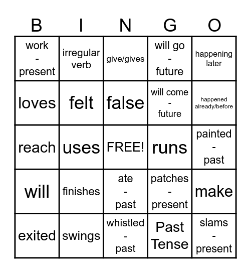 Verb Tenses Bingo Card